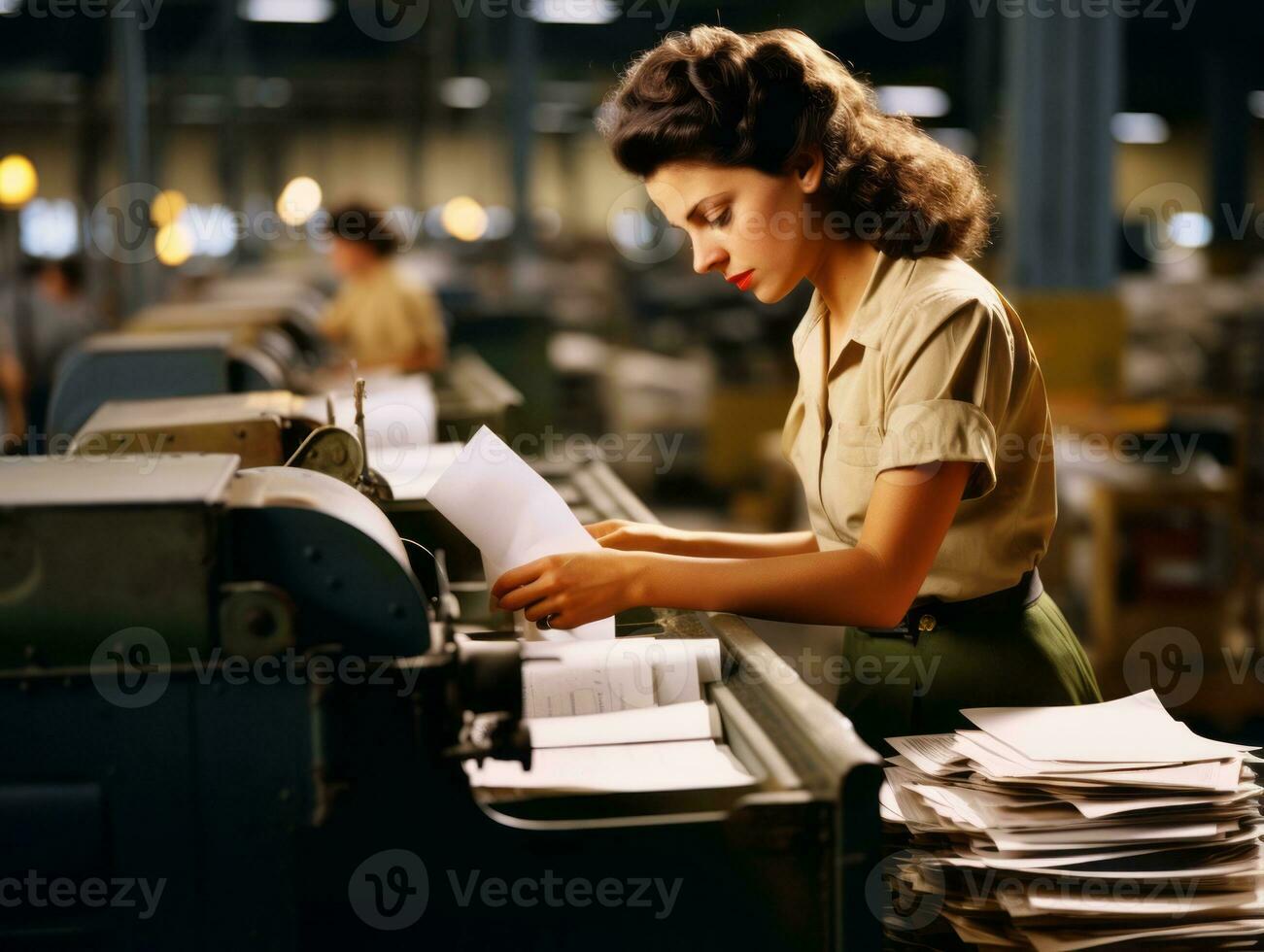 storico colorato foto di un' womans quotidiano opera nel il passato ai generativo