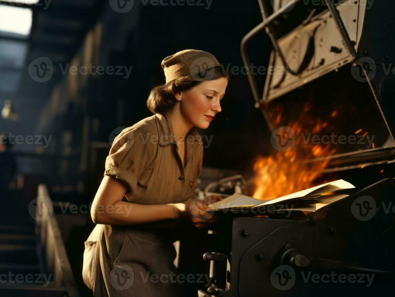 storico colorato foto di un' womans quotidiano opera nel il passato ai generativo