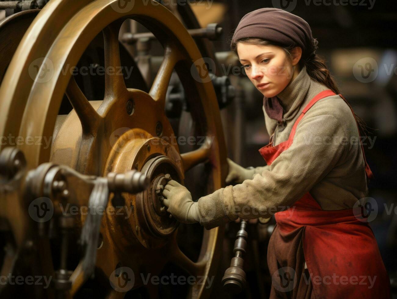 storico colorato foto di un' womans quotidiano opera nel il passato ai generativo