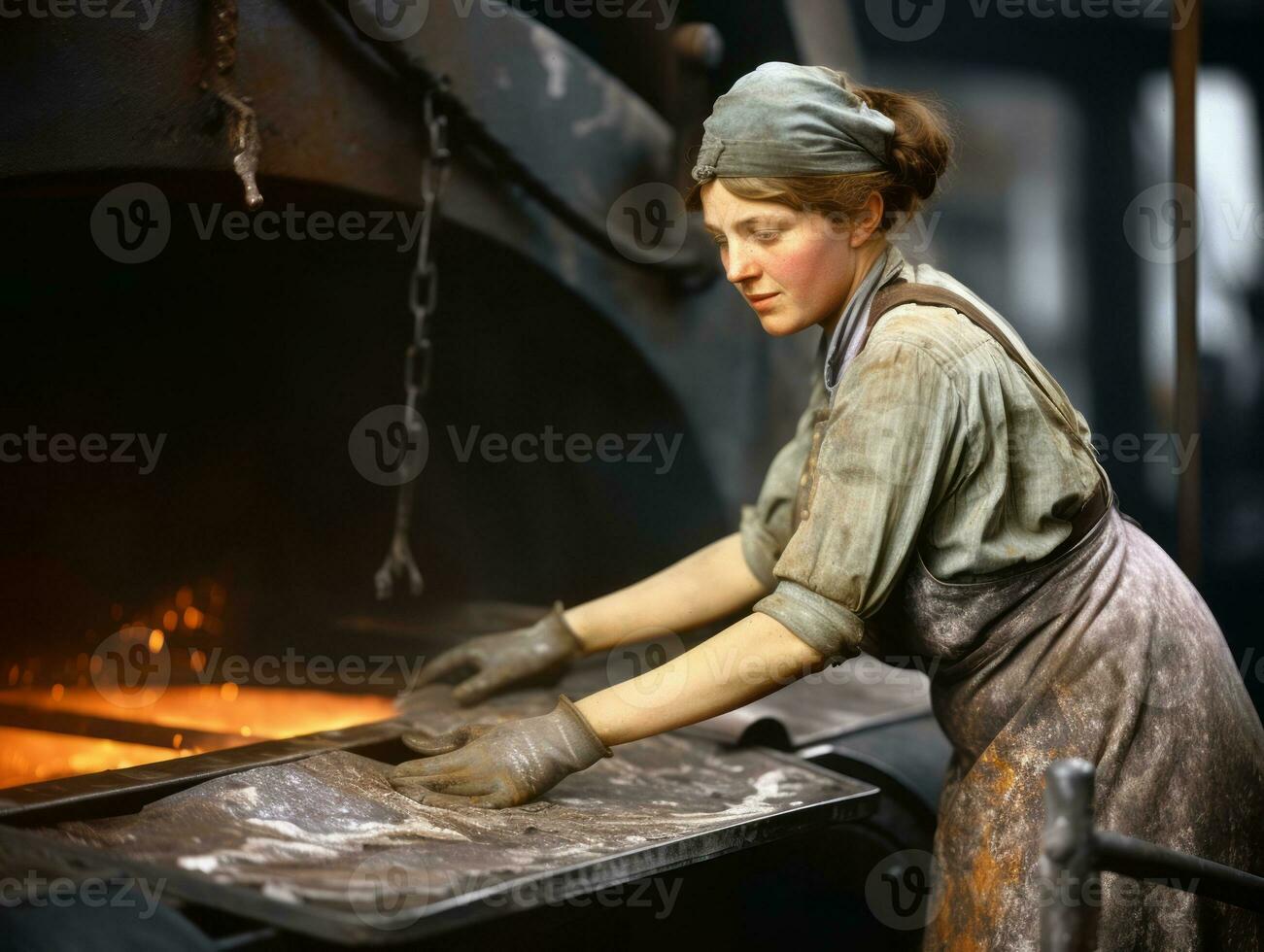 storico colorato foto di un' womans quotidiano opera nel il passato ai generativo