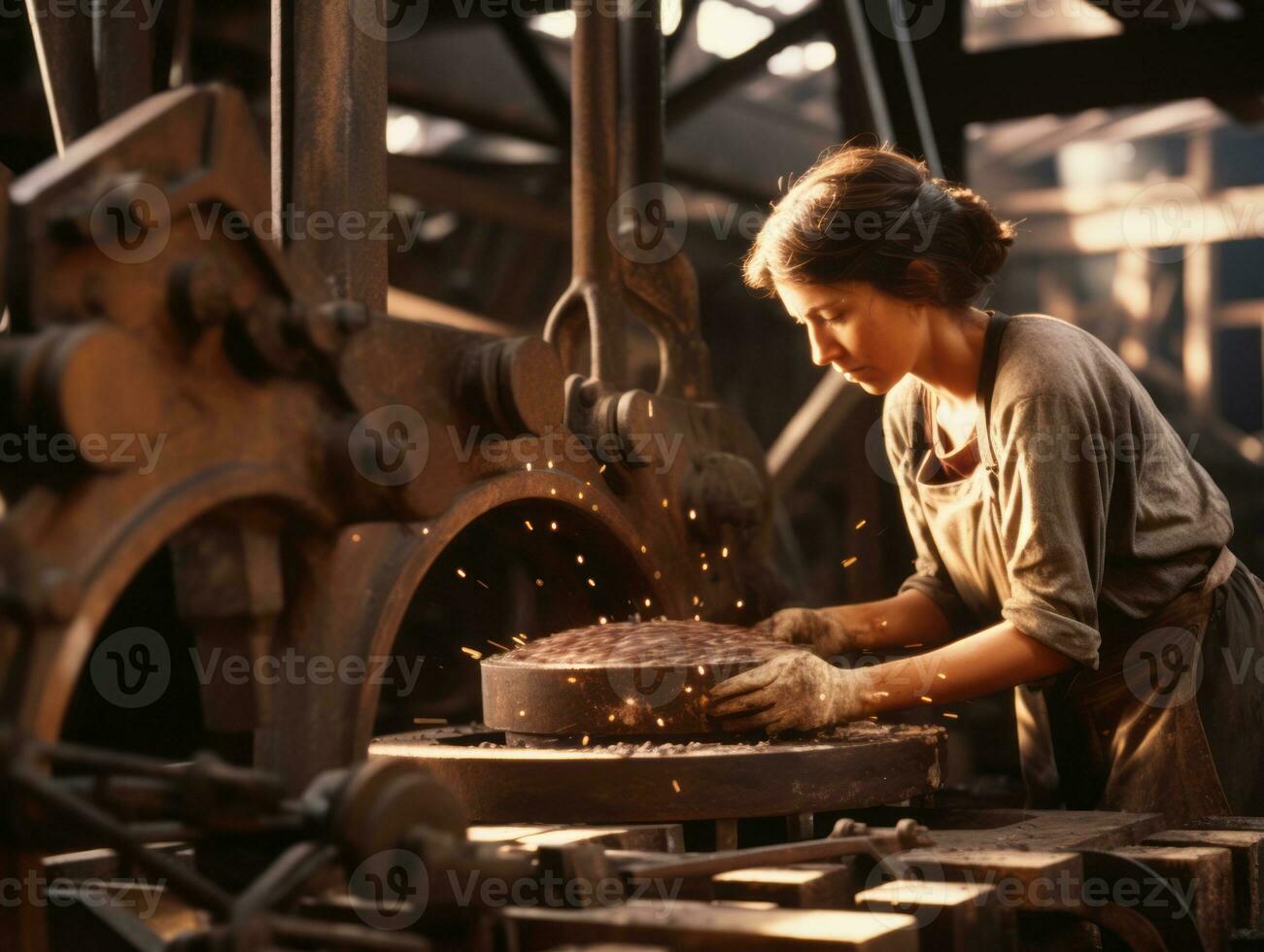 storico colorato foto di un' womans quotidiano opera nel il passato ai generativo