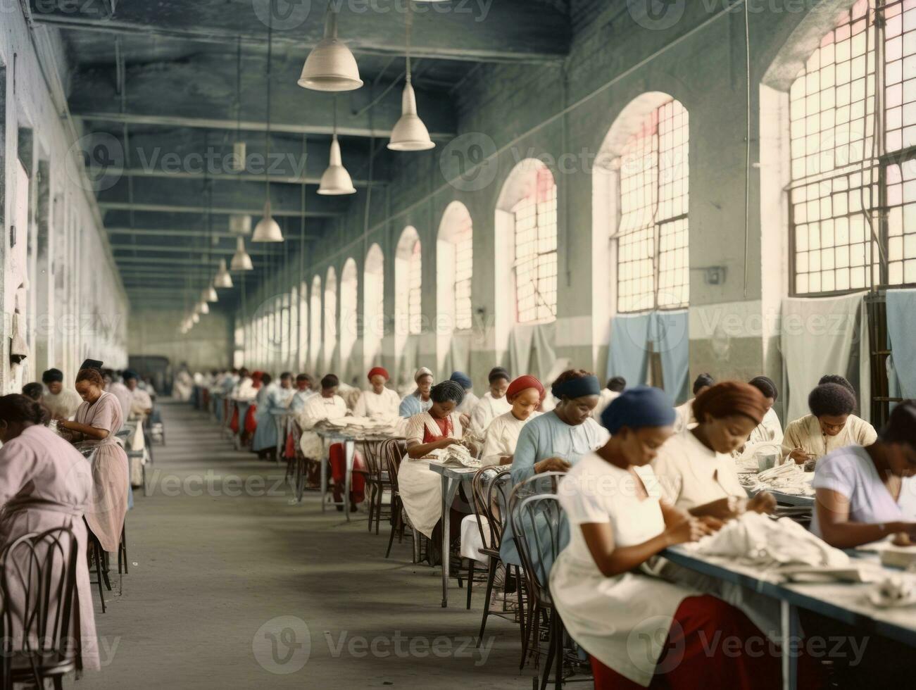 storico colorato foto di un' womans quotidiano opera nel il passato ai generativo