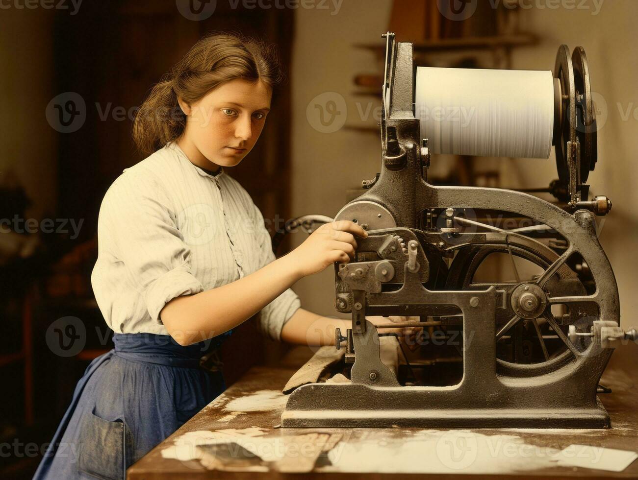 storico colorato foto di un' womans quotidiano opera nel il passato ai generativo