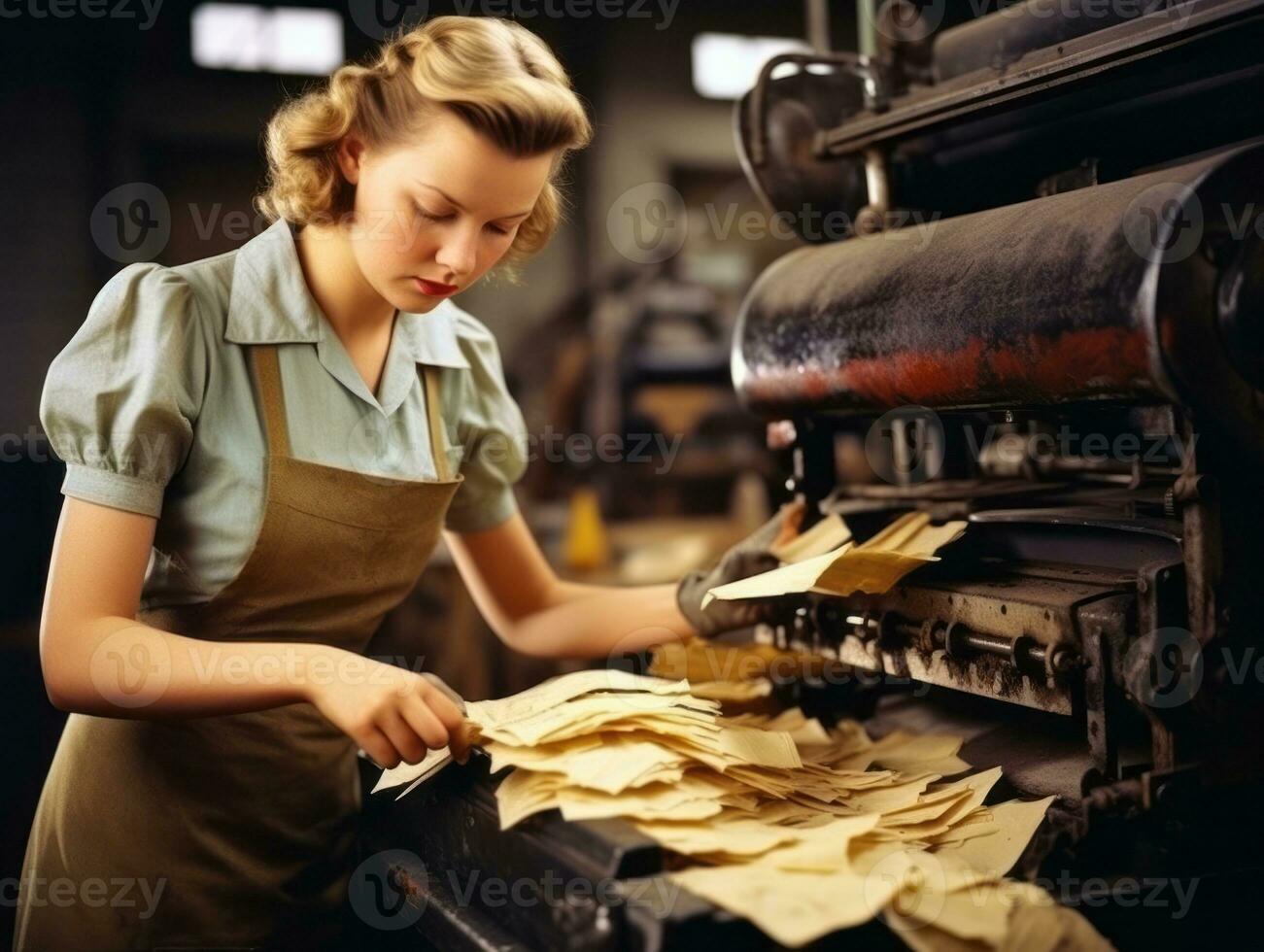 storico colorato foto di un' womans quotidiano opera nel il passato ai generativo