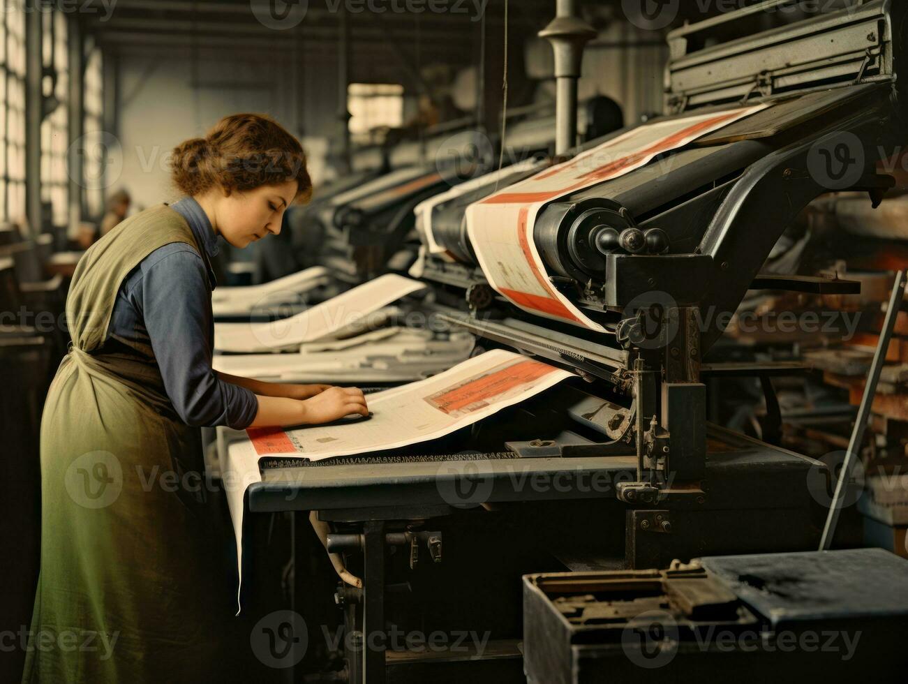 storico colorato foto di un' womans quotidiano opera nel il passato ai generativo