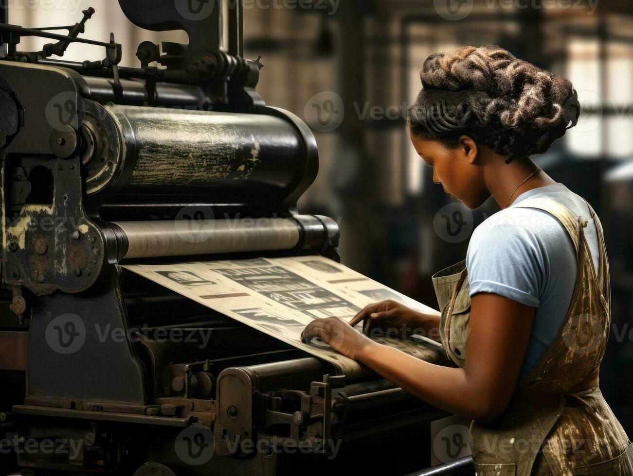 storico colorato foto di un' womans quotidiano opera nel il passato ai generativo