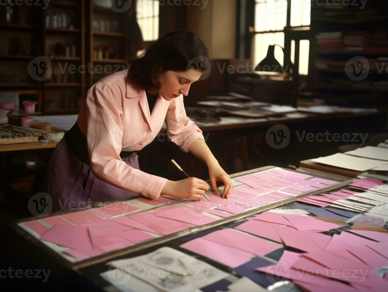 storico colorato foto di un' womans quotidiano opera nel il passato ai generativo