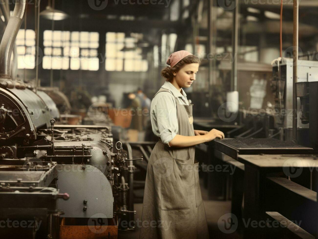 storico colorato foto di un' womans quotidiano opera nel il passato ai generativo