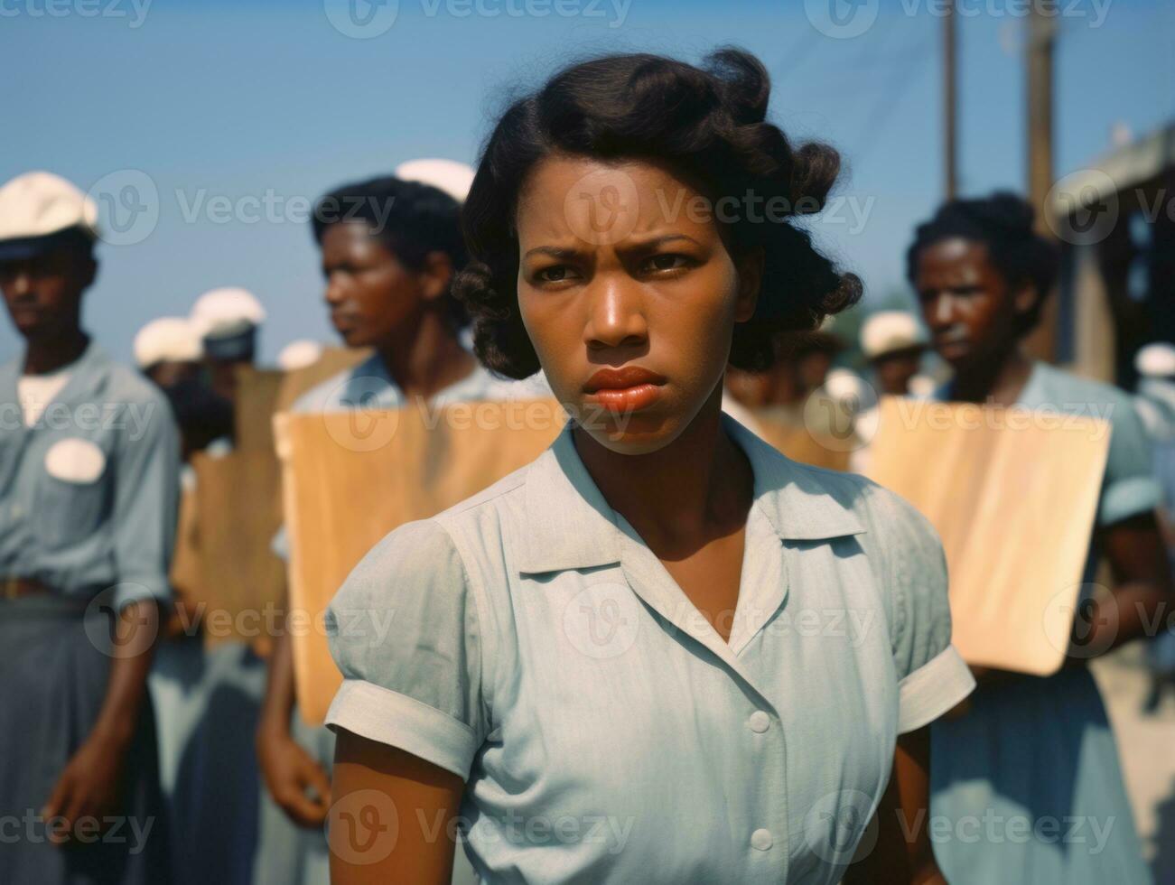 storico colorato foto di un' donna principale un' protesta ai generativo