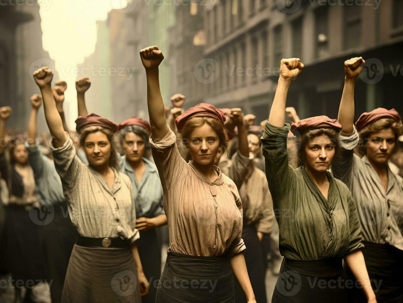 storico colorato foto di un' donna principale un' protesta ai generativo