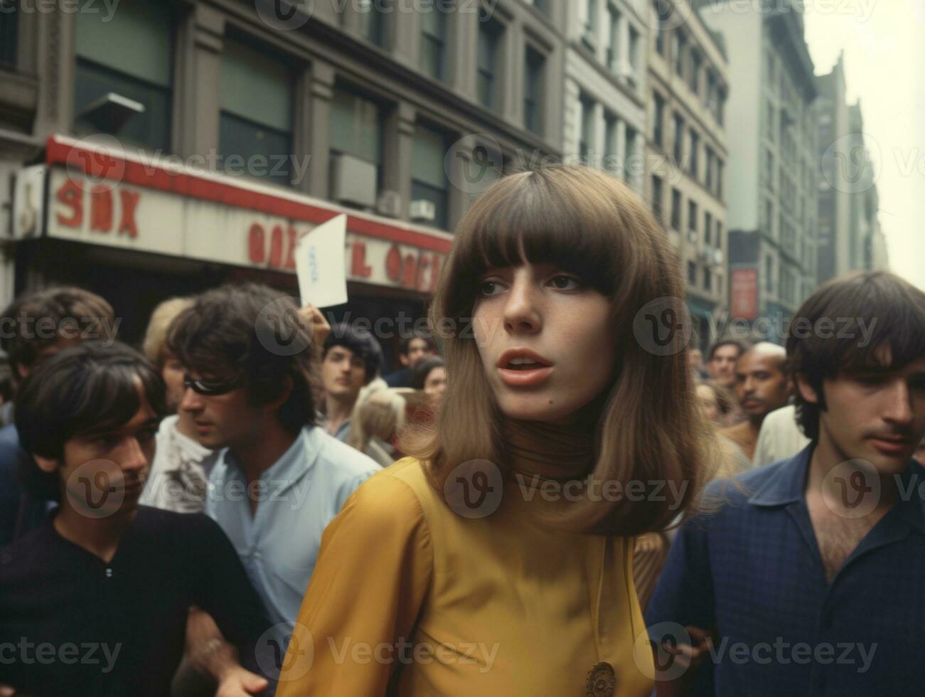 storico colorato foto di un' donna principale un' protesta ai generativo