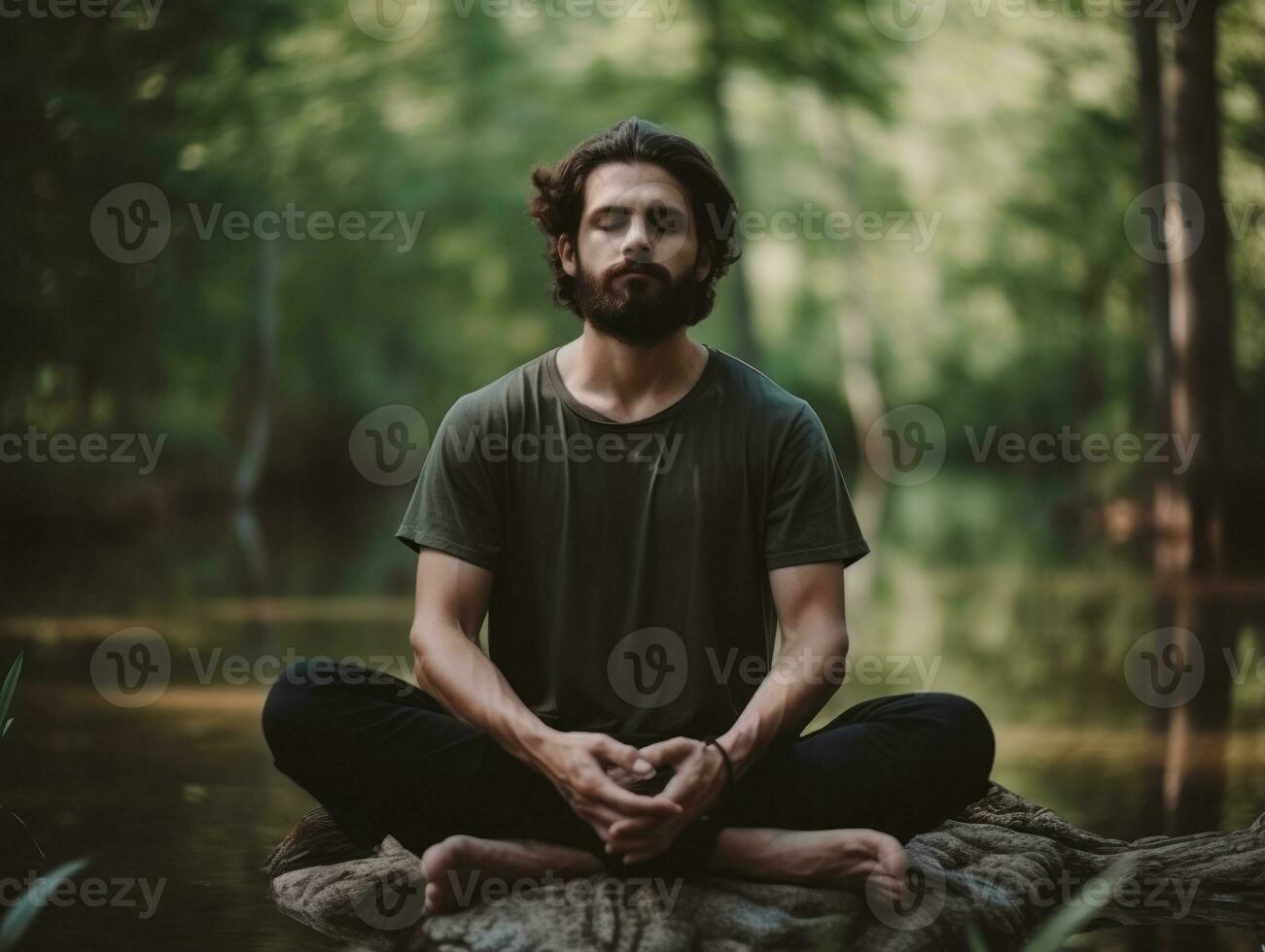 uomo Meditare nel il seno di natura ai generativo foto