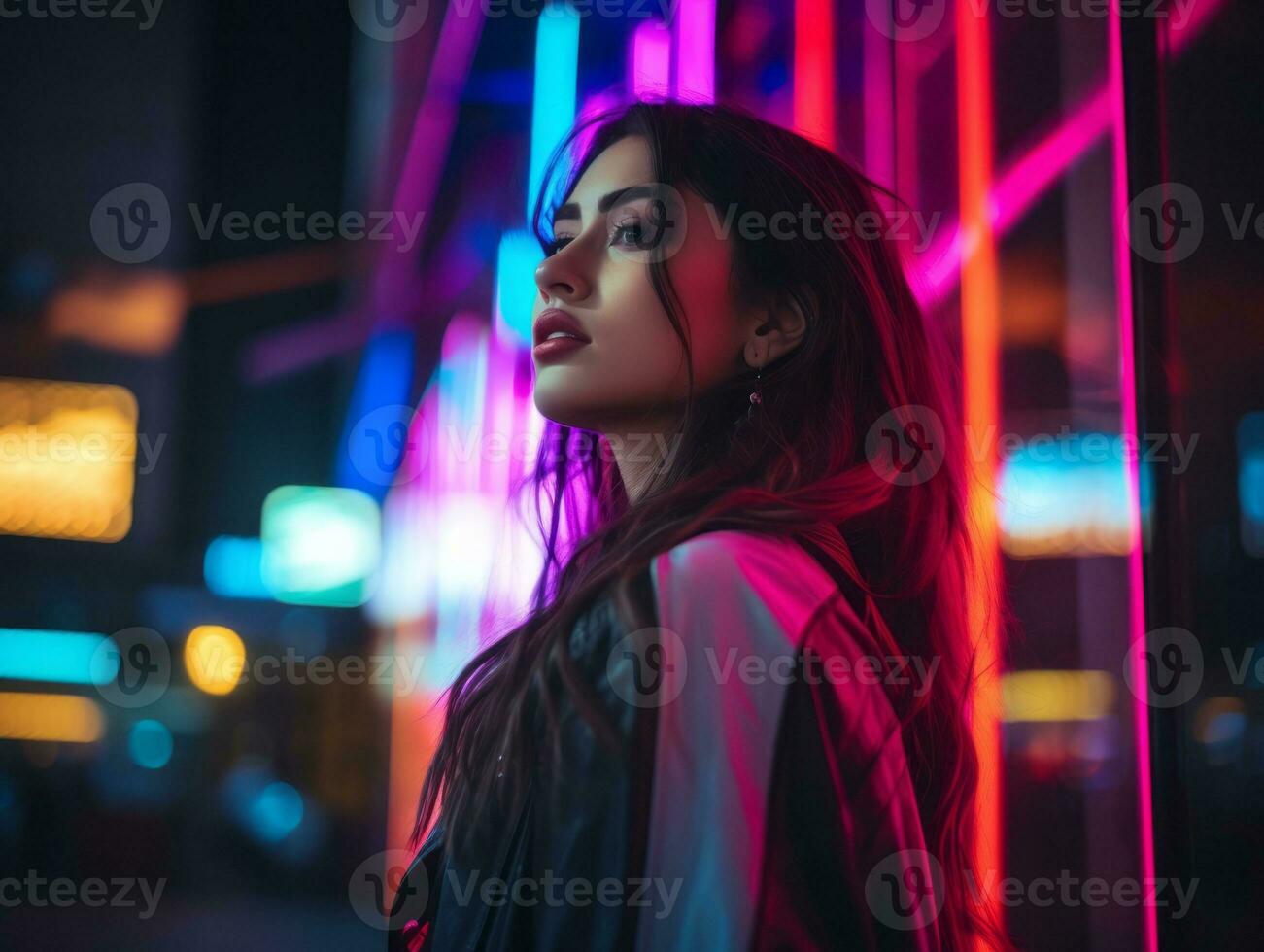 più dimensione donna a piedi con fiducia attraverso il vivace neon illuminato strade ai generativo foto