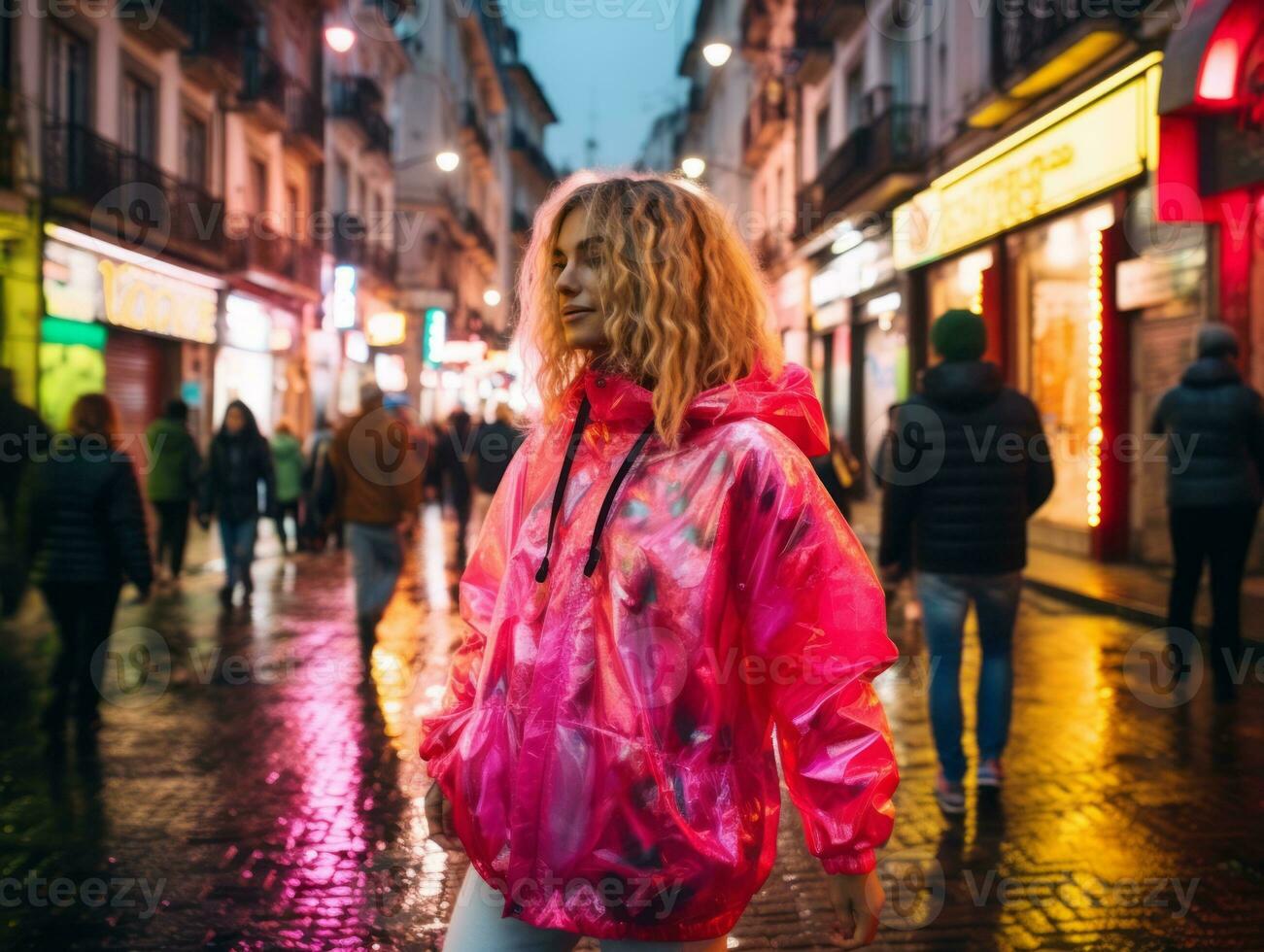 più dimensione donna a piedi con fiducia attraverso il vivace neon illuminato strade ai generativo foto