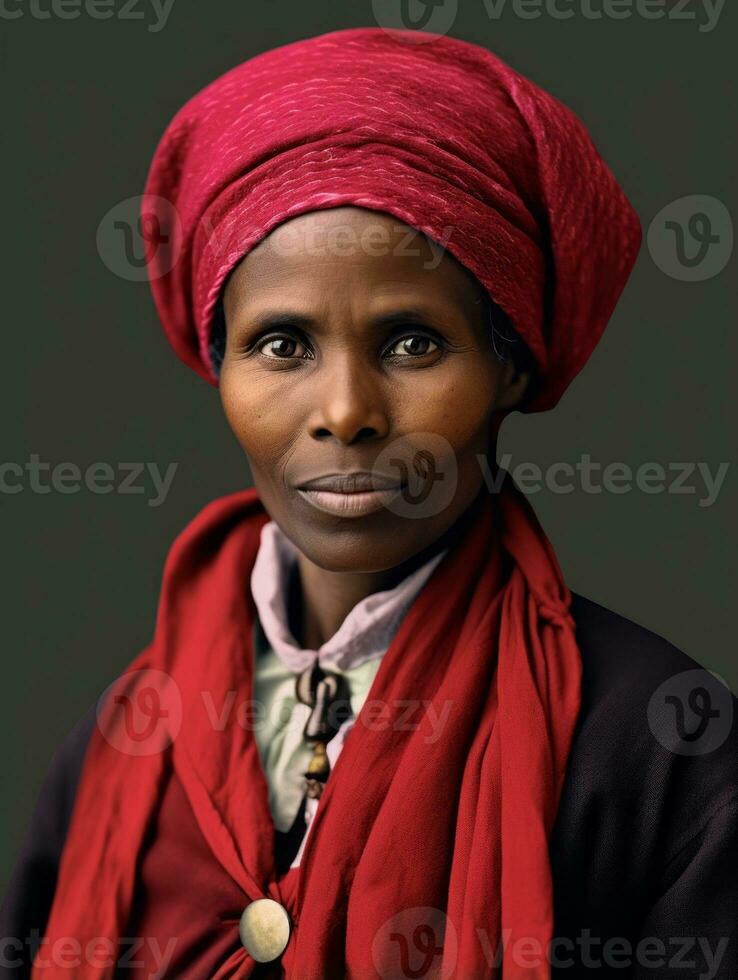 vecchio colorato fotografia di un' nero donna a partire dal il presto 1900 ai generativo foto