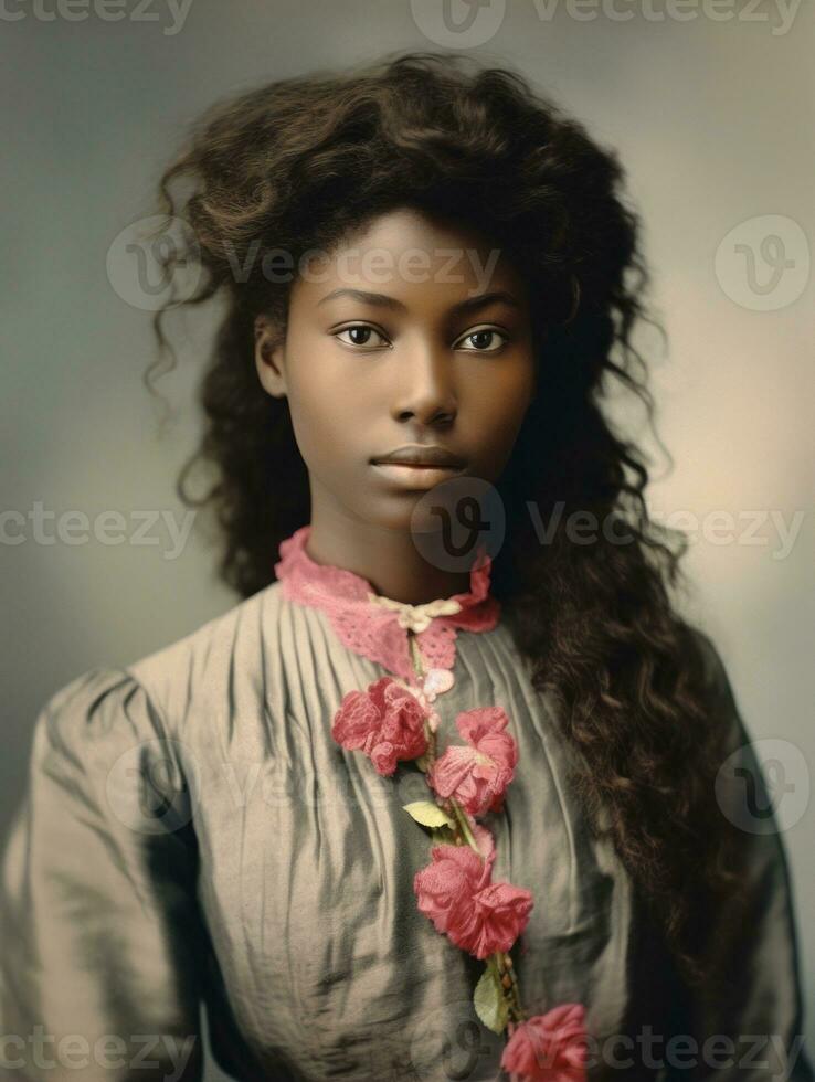 vecchio colorato fotografia di un' nero donna a partire dal il presto 1900 ai generativo foto