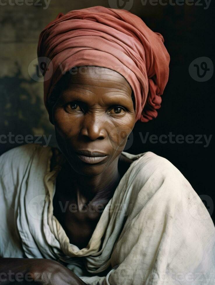 vecchio colorato fotografia di un' nero donna a partire dal il presto 1900 ai generativo foto