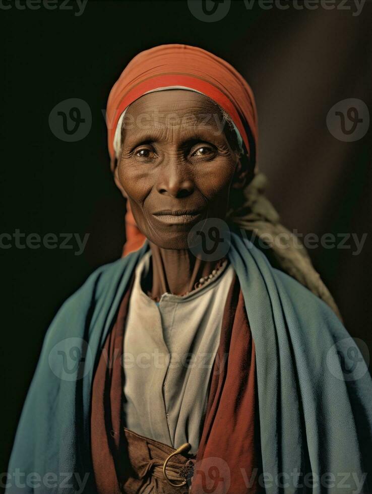 vecchio colorato fotografia di un' nero donna a partire dal il presto 1900 ai generativo foto