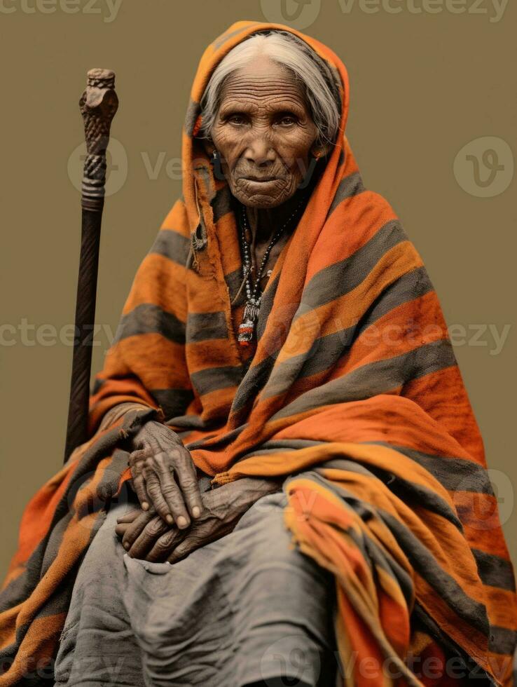 vecchio colorato fotografia di un' indiano donna a partire dal il presto 1900 ai generativo foto