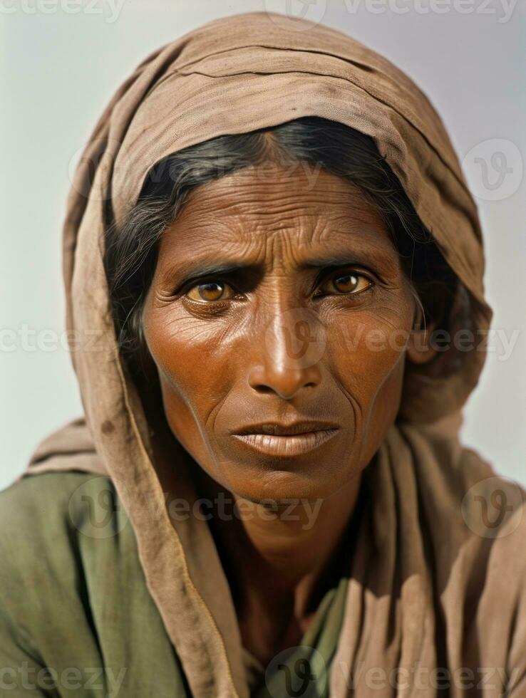 vecchio colorato fotografia di un' indiano donna a partire dal il presto 1900 ai generativo foto