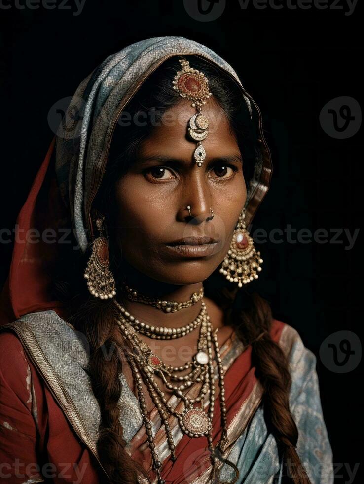 vecchio colorato fotografia di un' indiano donna a partire dal il presto 1900 ai generativo foto