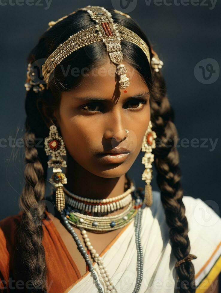 vecchio colorato fotografia di un' indiano donna a partire dal il presto 1900 ai generativo foto