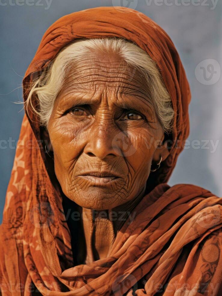 vecchio colorato fotografia di un' indiano donna a partire dal il presto 1900 ai generativo foto