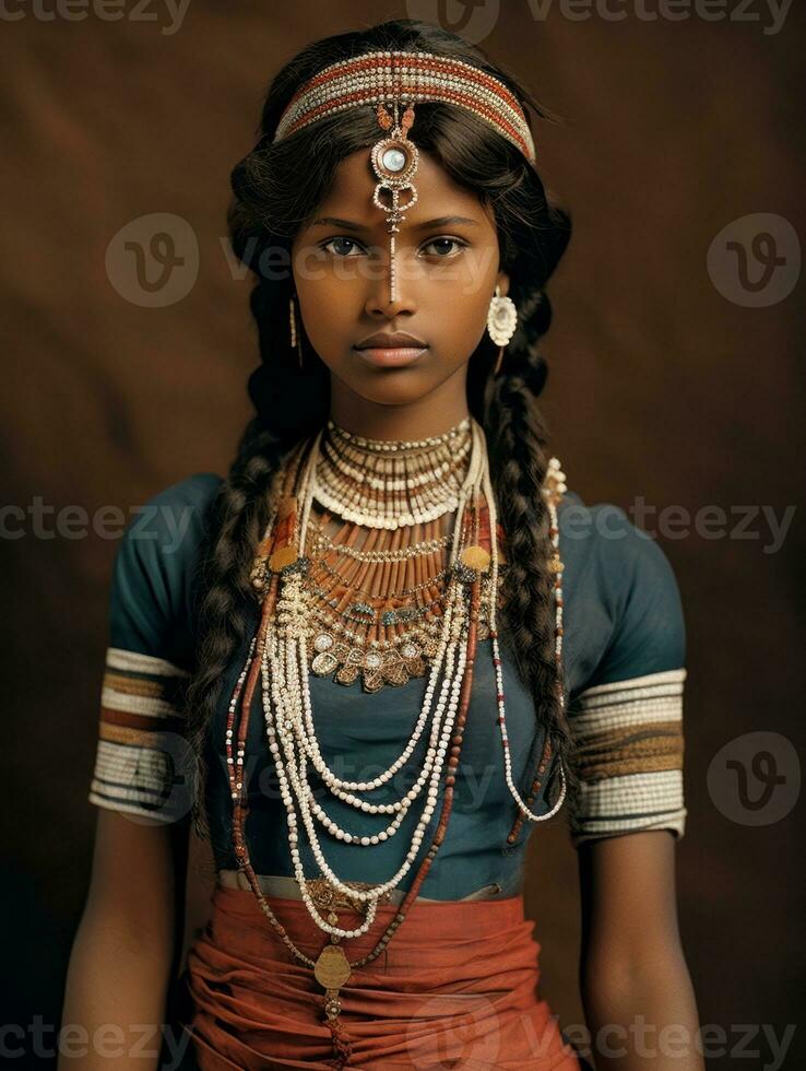 vecchio colorato fotografia di un' indiano donna a partire dal il presto 1900 ai generativo foto