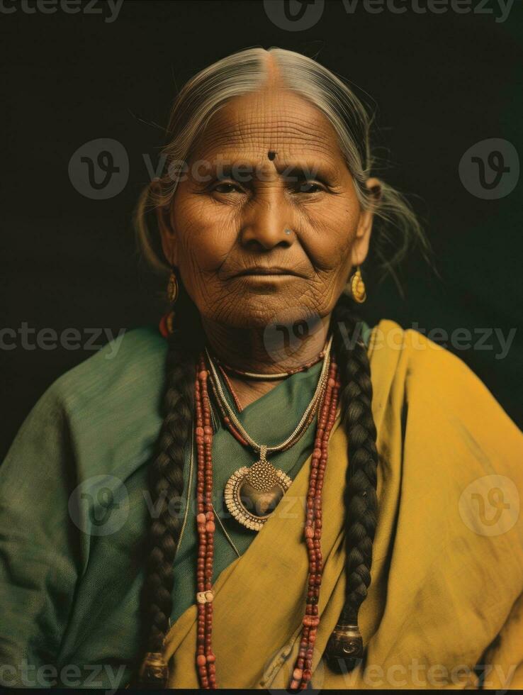 vecchio colorato fotografia di un' indiano donna a partire dal il presto 1900 ai generativo foto