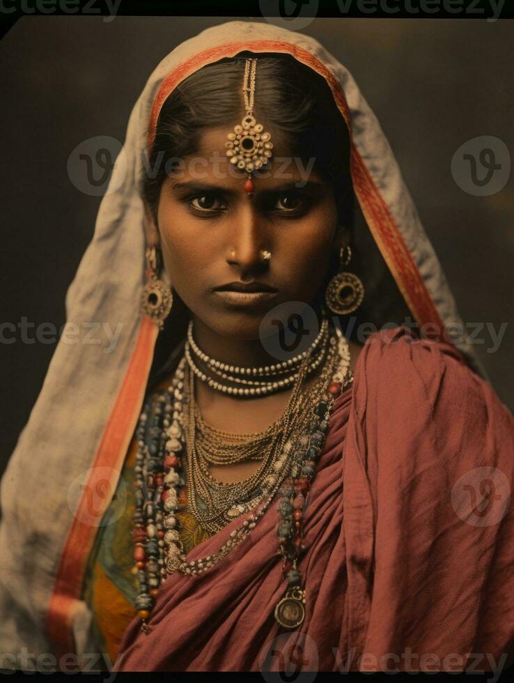 vecchio colorato fotografia di un' indiano donna a partire dal il presto 1900 ai generativo foto