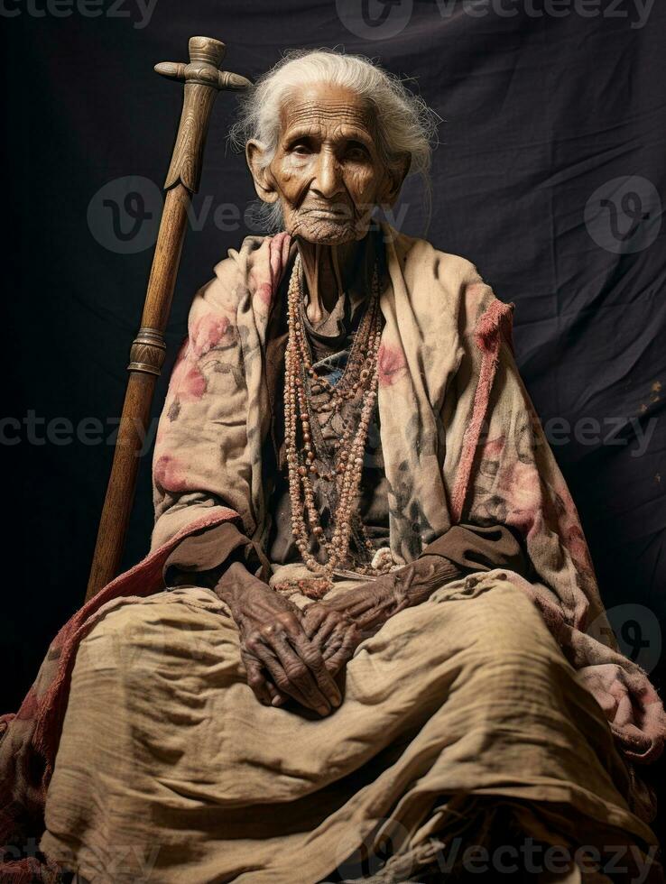 vecchio colorato fotografia di un' indiano donna a partire dal il presto 1900 ai generativo foto