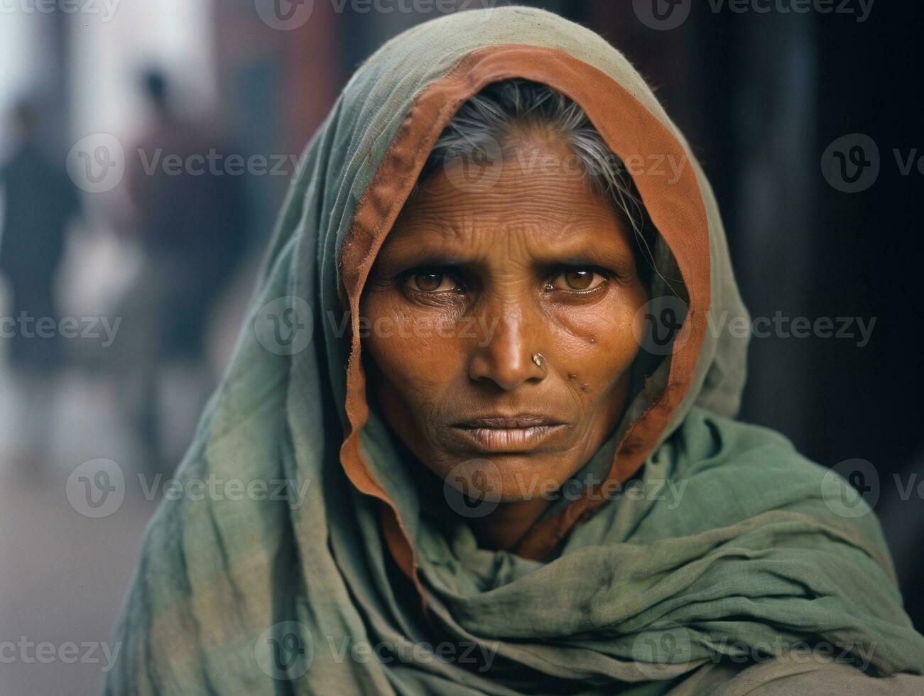 vecchio colorato fotografia di un' indiano donna a partire dal il presto 1900 ai generativo foto