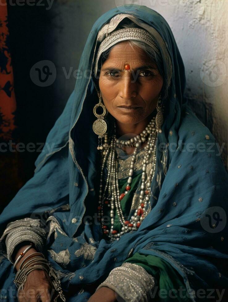 vecchio colorato fotografia di un' indiano donna a partire dal il presto 1900 ai generativo foto