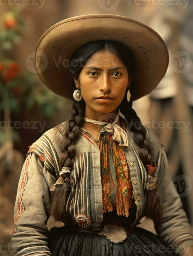 vecchio colorato fotografia di un' messicano donna a partire dal il presto 1900 ai generativo foto