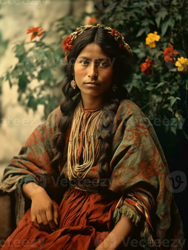 vecchio colorato fotografia di un' messicano donna a partire dal il presto 1900 ai generativo foto