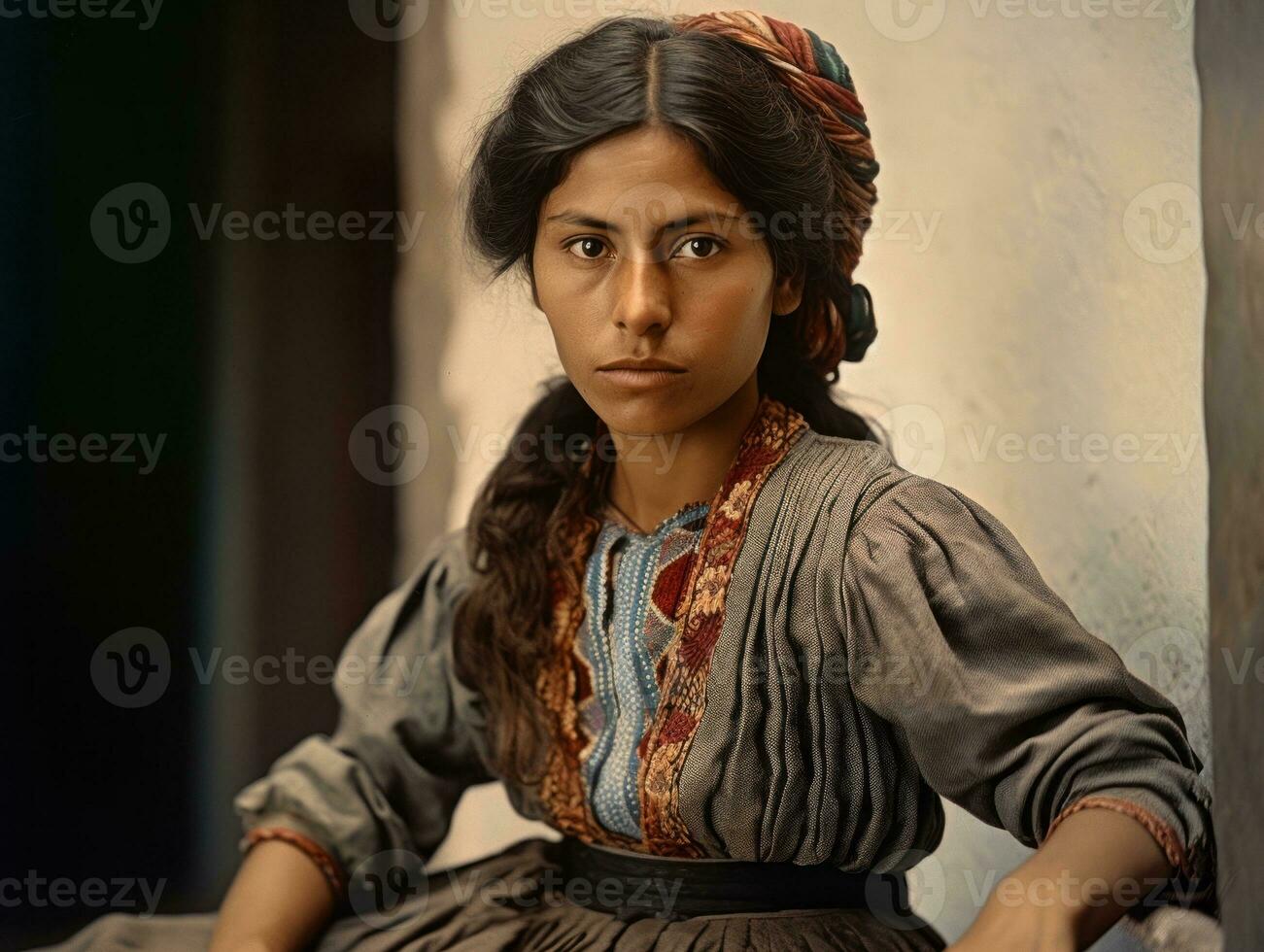 vecchio colorato fotografia di un' messicano donna a partire dal il presto 1900 ai generativo foto