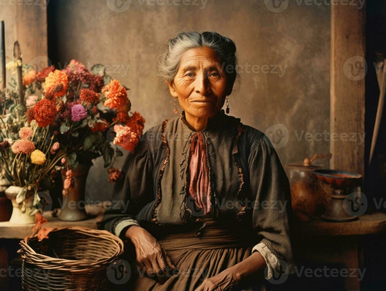 vecchio colorato fotografia di un' messicano donna a partire dal il presto 1900 ai generativo foto