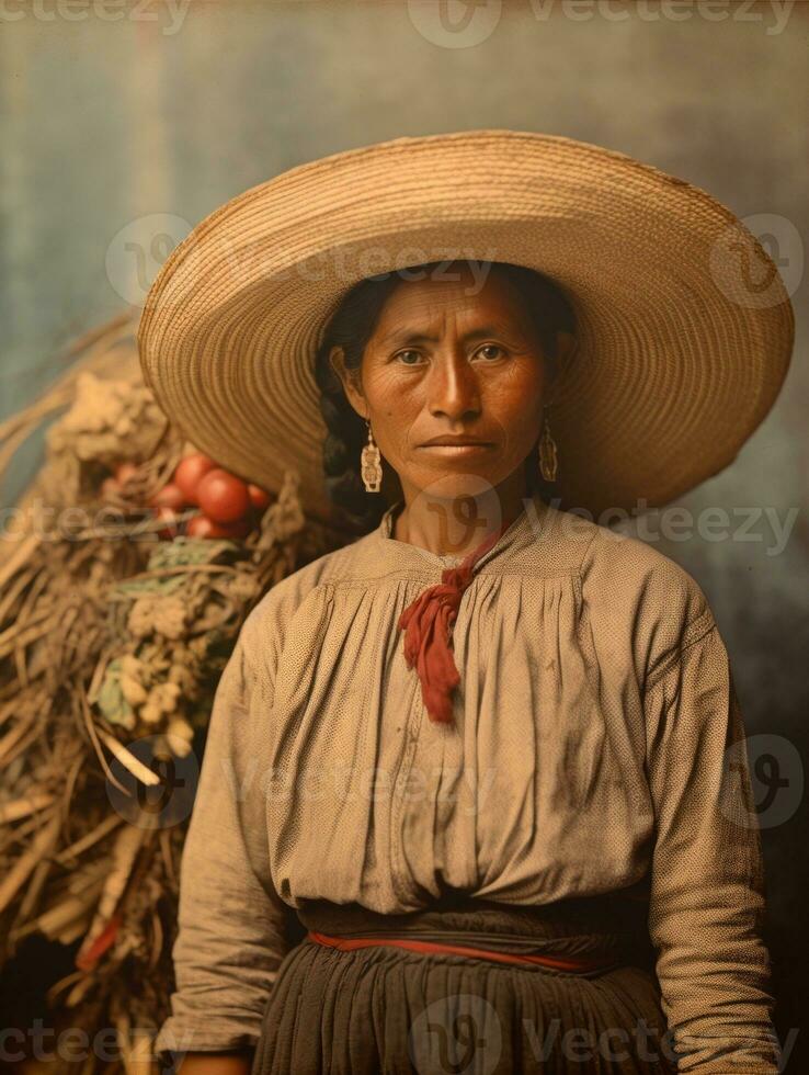 vecchio colorato fotografia di un' messicano donna a partire dal il presto 1900 ai generativo foto