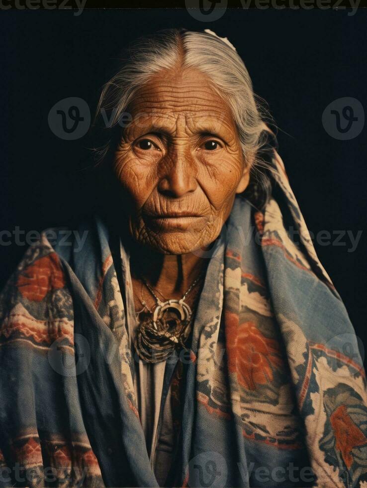 vecchio colorato fotografia di un' messicano donna a partire dal il presto 1900 ai generativo foto