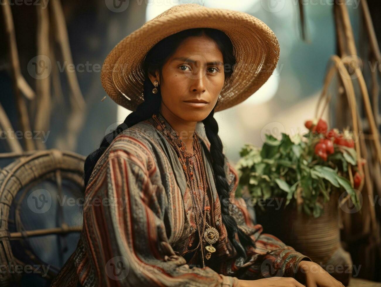 vecchio colorato fotografia di un' messicano donna a partire dal il presto 1900 ai generativo foto