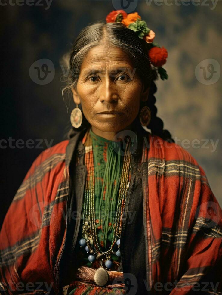 vecchio colorato fotografia di un' messicano donna a partire dal il presto 1900 ai generativo foto