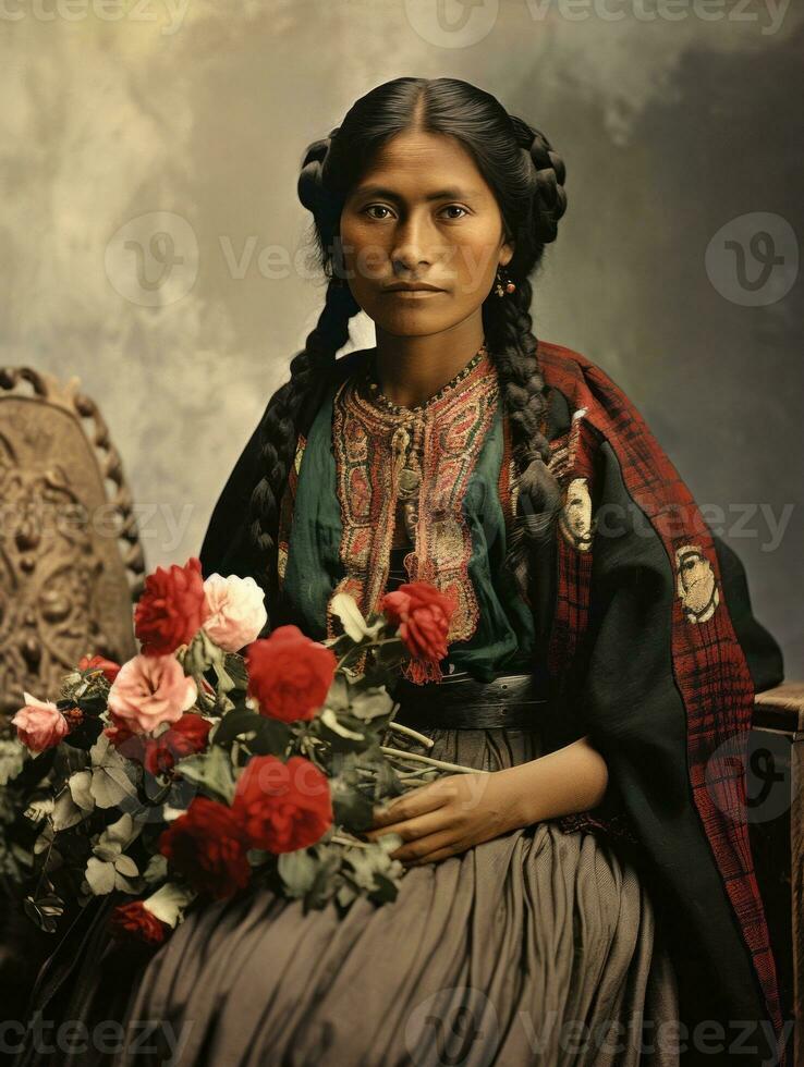 vecchio colorato fotografia di un' messicano donna a partire dal il presto 1900 ai generativo foto