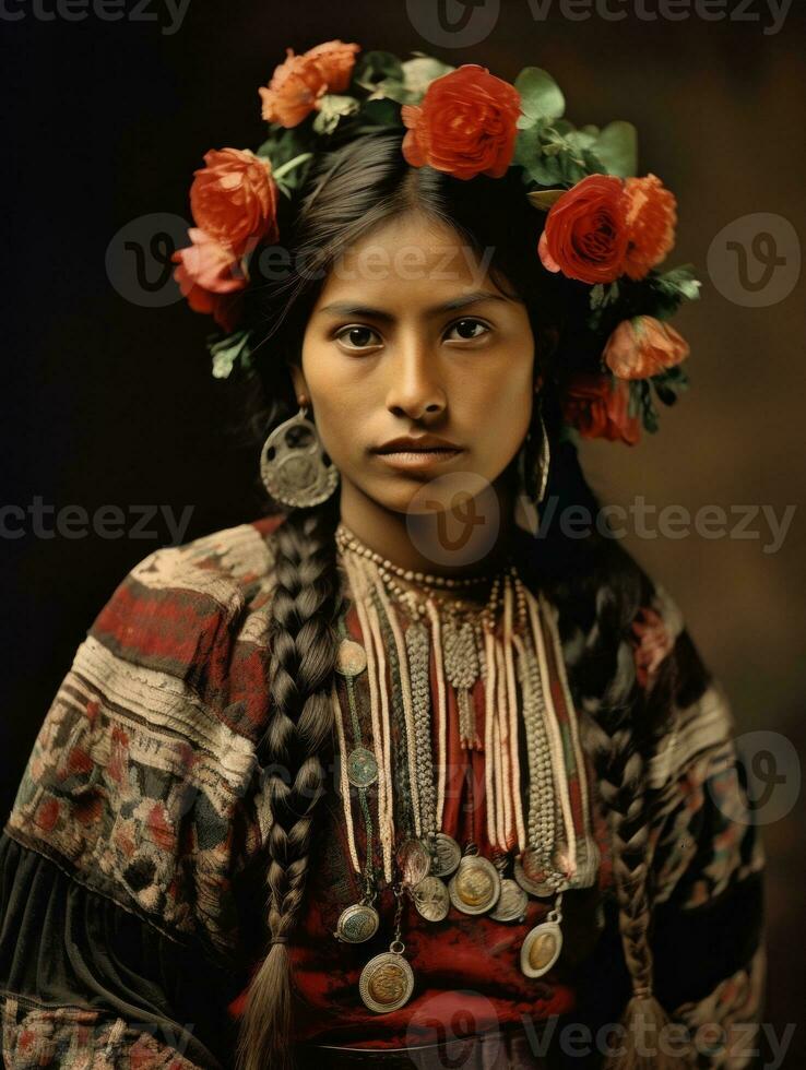 vecchio colorato fotografia di un' messicano donna a partire dal il presto 1900 ai generativo foto