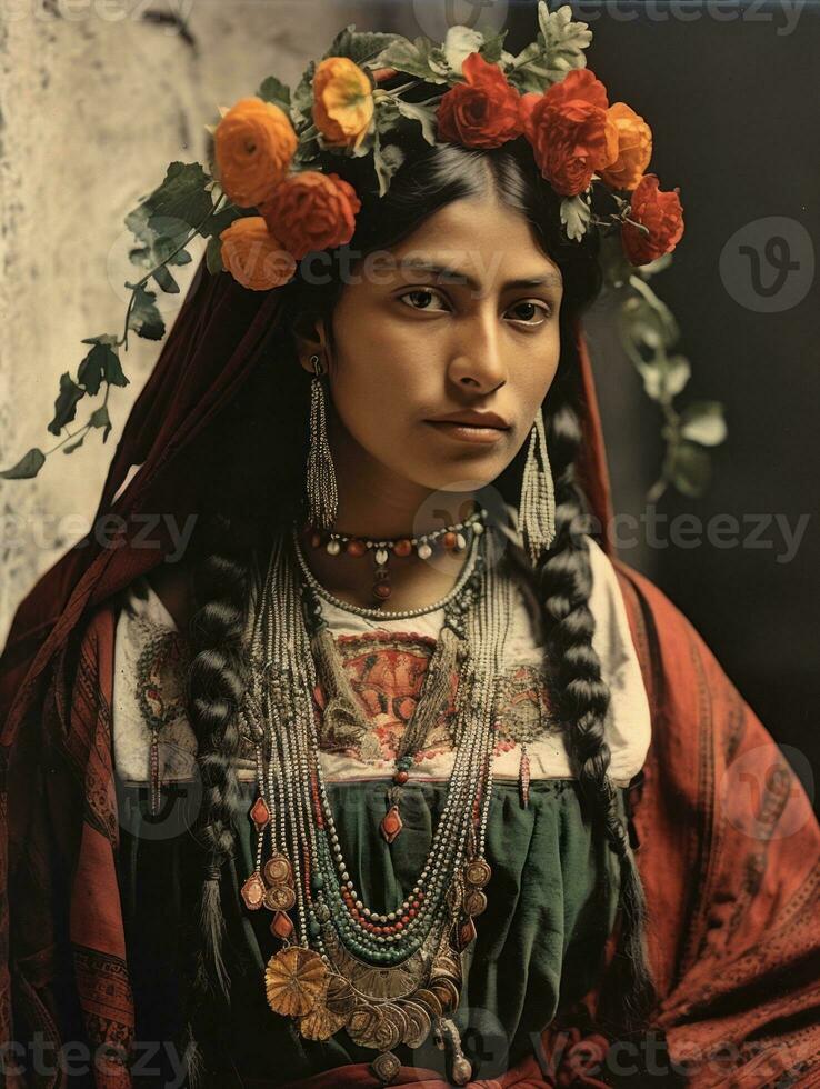 vecchio colorato fotografia di un' messicano donna a partire dal il presto 1900 ai generativo foto