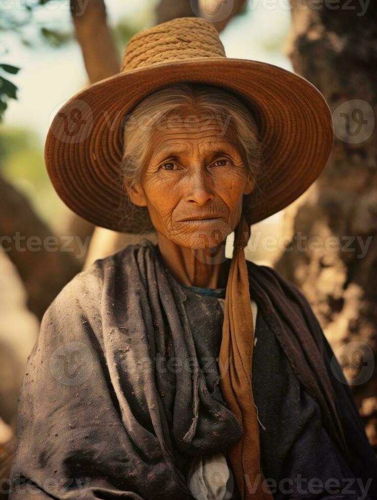 vecchio colorato fotografia di un' messicano donna a partire dal il presto 1900 ai generativo foto