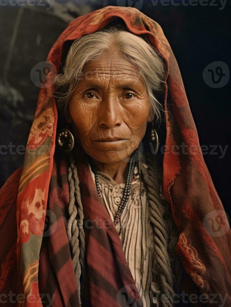 vecchio colorato fotografia di un' messicano donna a partire dal il presto 1900 ai generativo foto