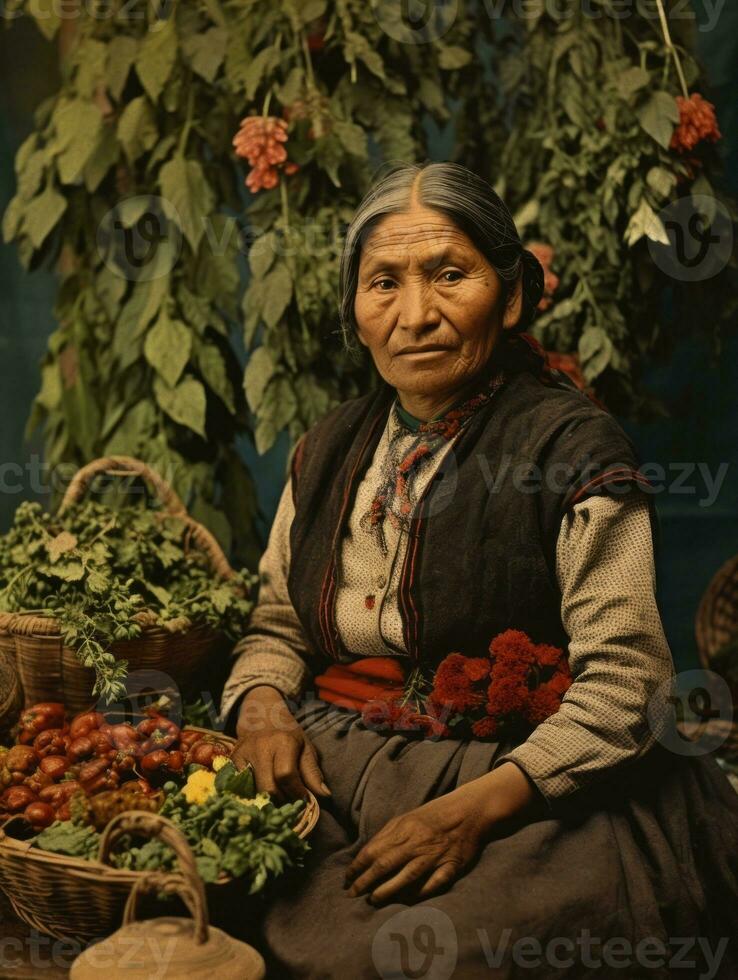 vecchio colorato fotografia di un' messicano donna a partire dal il presto 1900 ai generativo foto