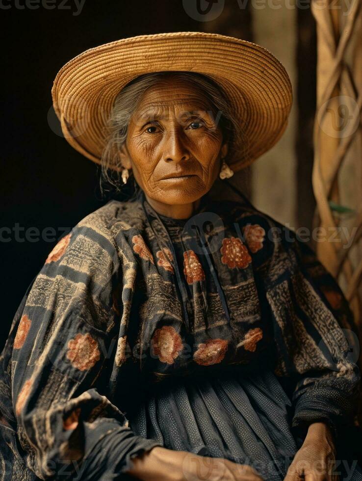 vecchio colorato fotografia di un' messicano donna a partire dal il presto 1900 ai generativo foto