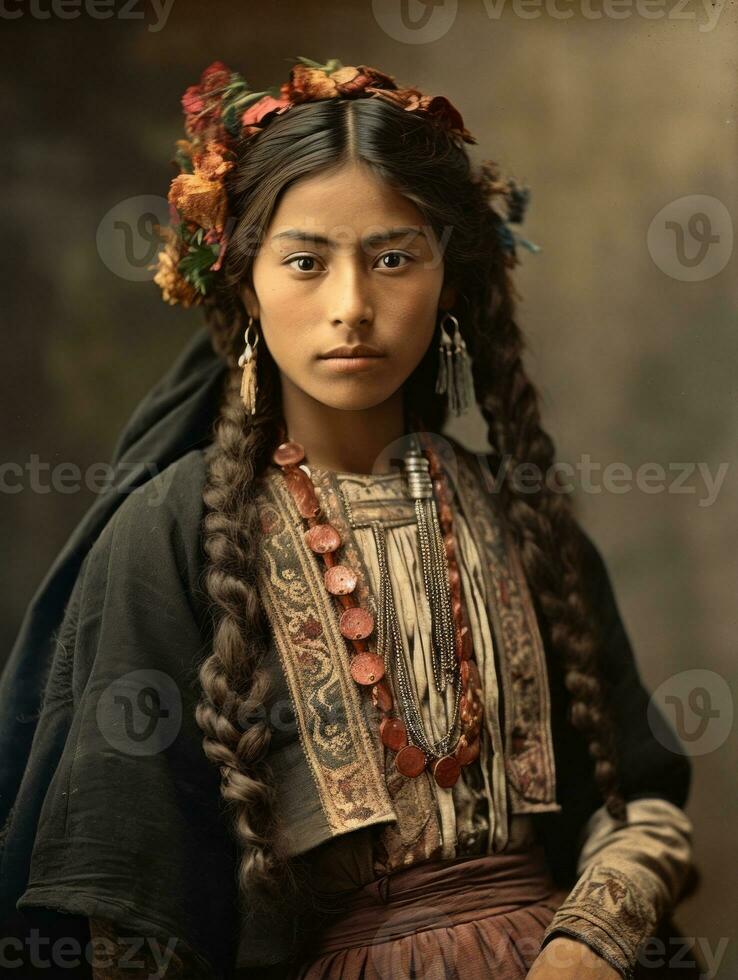 vecchio colorato fotografia di un' messicano donna a partire dal il presto 1900 ai generativo foto