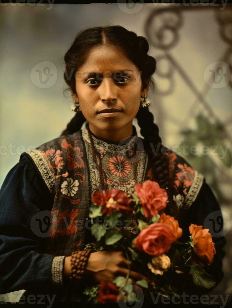 vecchio colorato fotografia di un' messicano donna a partire dal il presto 1900 ai generativo foto